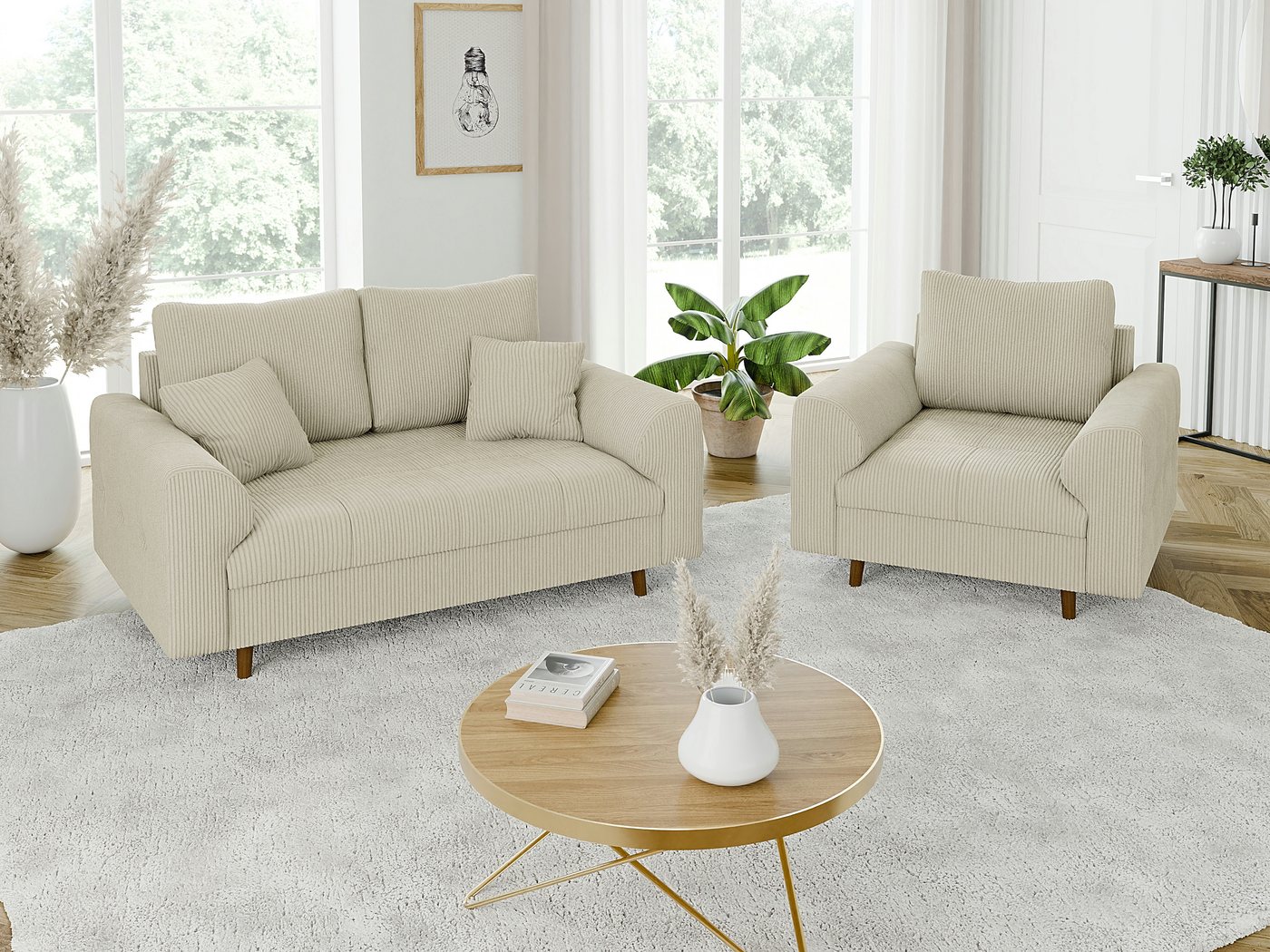 S-Style Möbel Polstergarnitur 2+1 Zara mit Braun Holzfüßen im skandinavisch günstig online kaufen