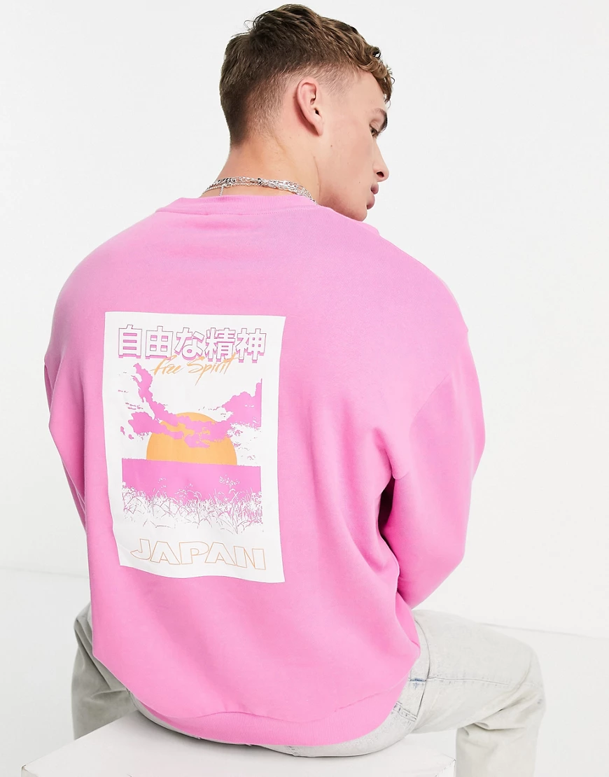 ASOS DESIGN – Oversize-Sweatshirt in Rosa mit japanischem Landschaftsprint günstig online kaufen