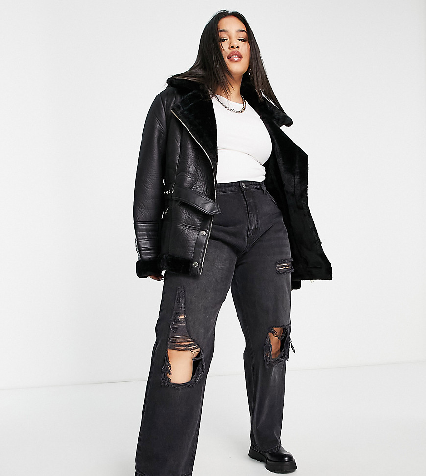 River Island Plus – Pilotenjacke in Schwarz mit Kunstpelz und Gürtel günstig online kaufen