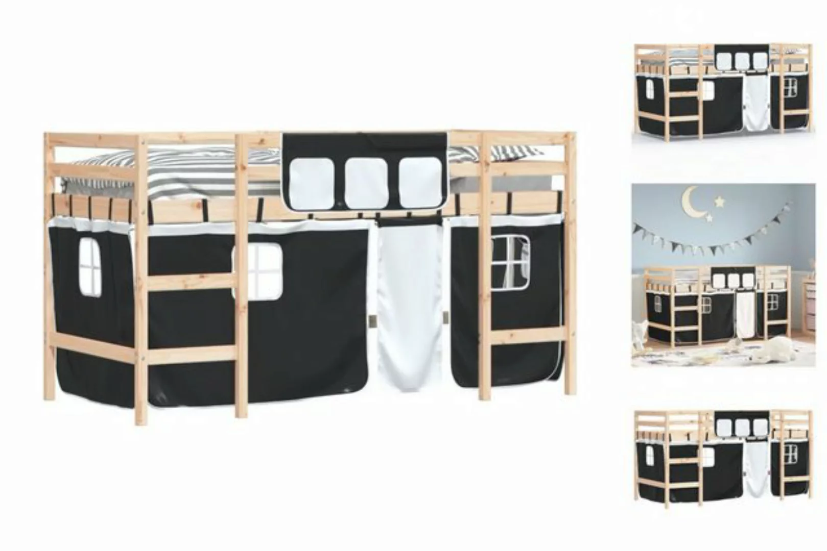 vidaXL Kinderbett Kinderhochbett mit Vorhängen Weiß Schwarz 90x190 cm Kiefe günstig online kaufen