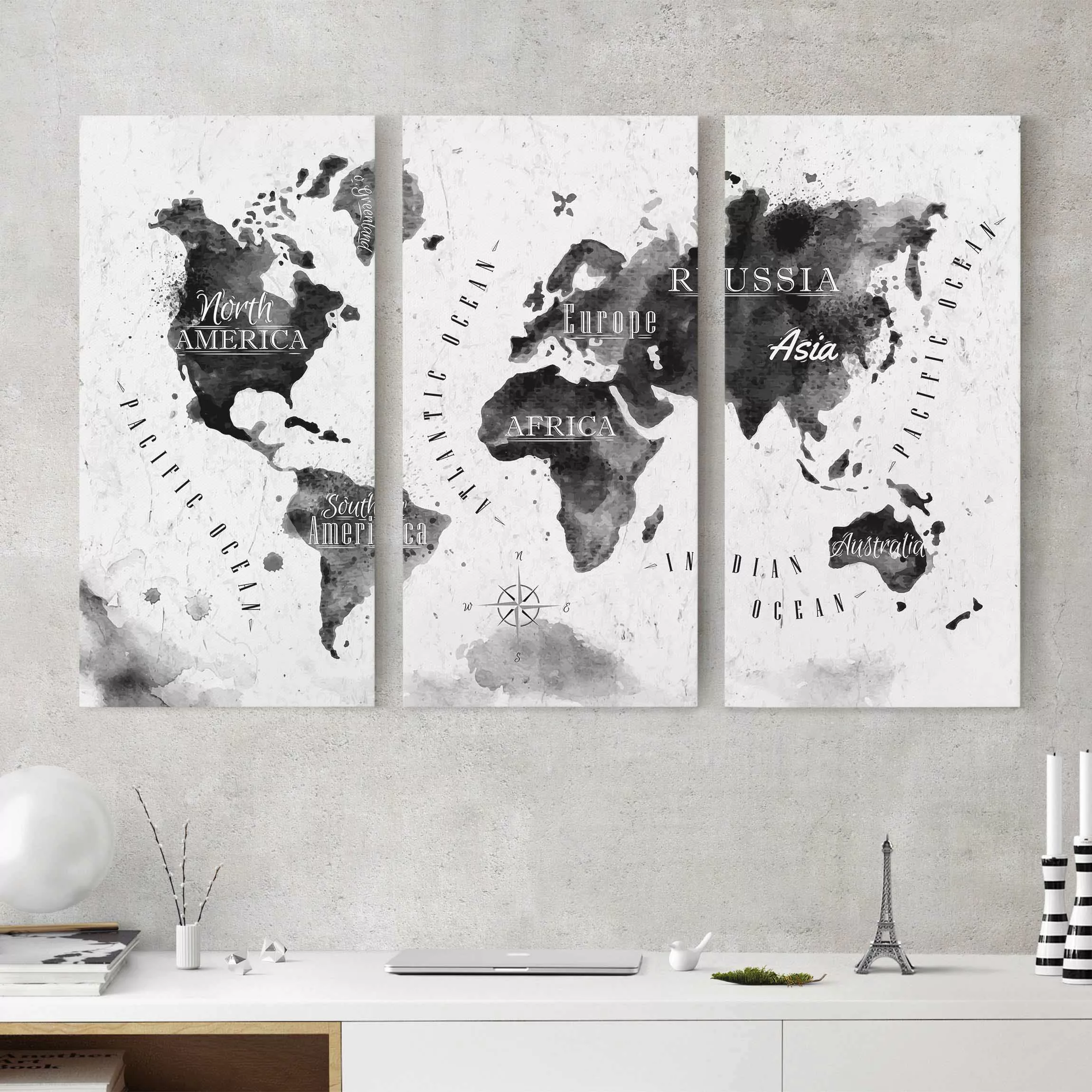 3-teiliges Leinwandbild Aquarell - Querformat Weltkarte Aquarell schwarz günstig online kaufen