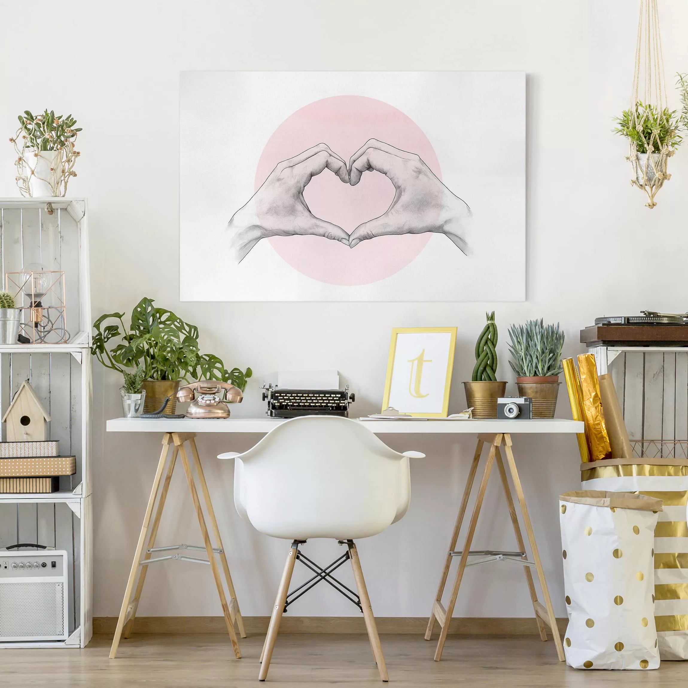 Leinwandbild - Querformat Illustration Herz Hände Kreis Rosa Weiß günstig online kaufen