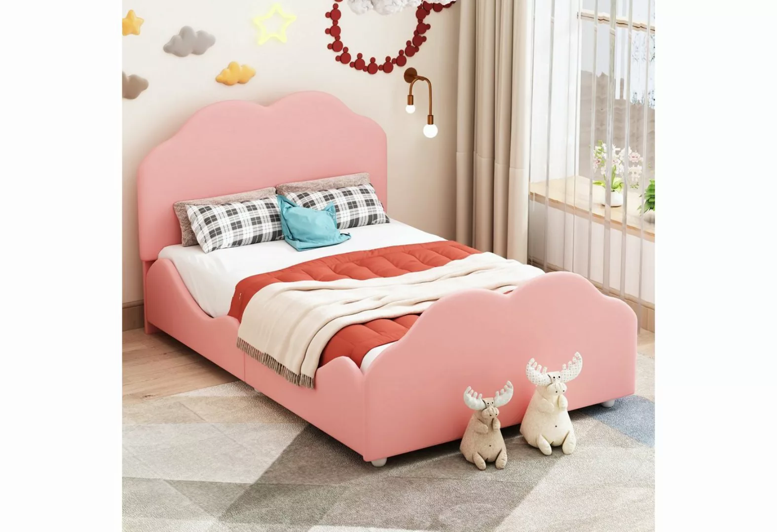 Ulife Kinderbett Polsterbett, Einzelbett, 90x200cm, beige, rosa, mit wolken günstig online kaufen