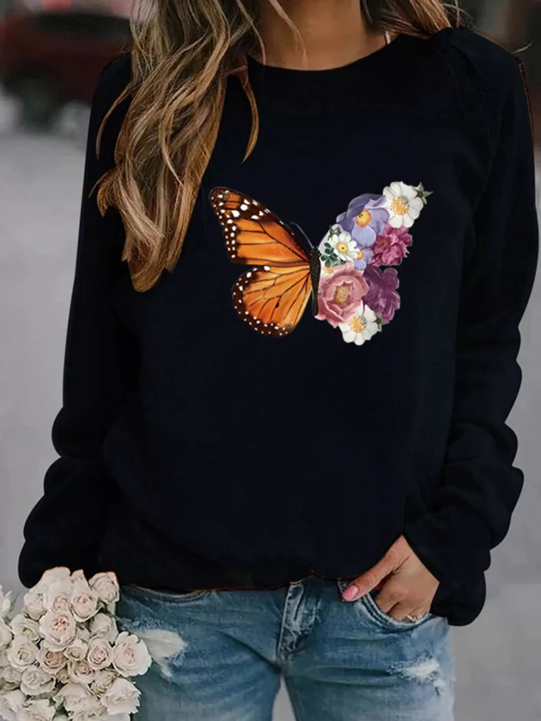 Flower Butterfly Print Langarm-Sweatshirt für Damen günstig online kaufen