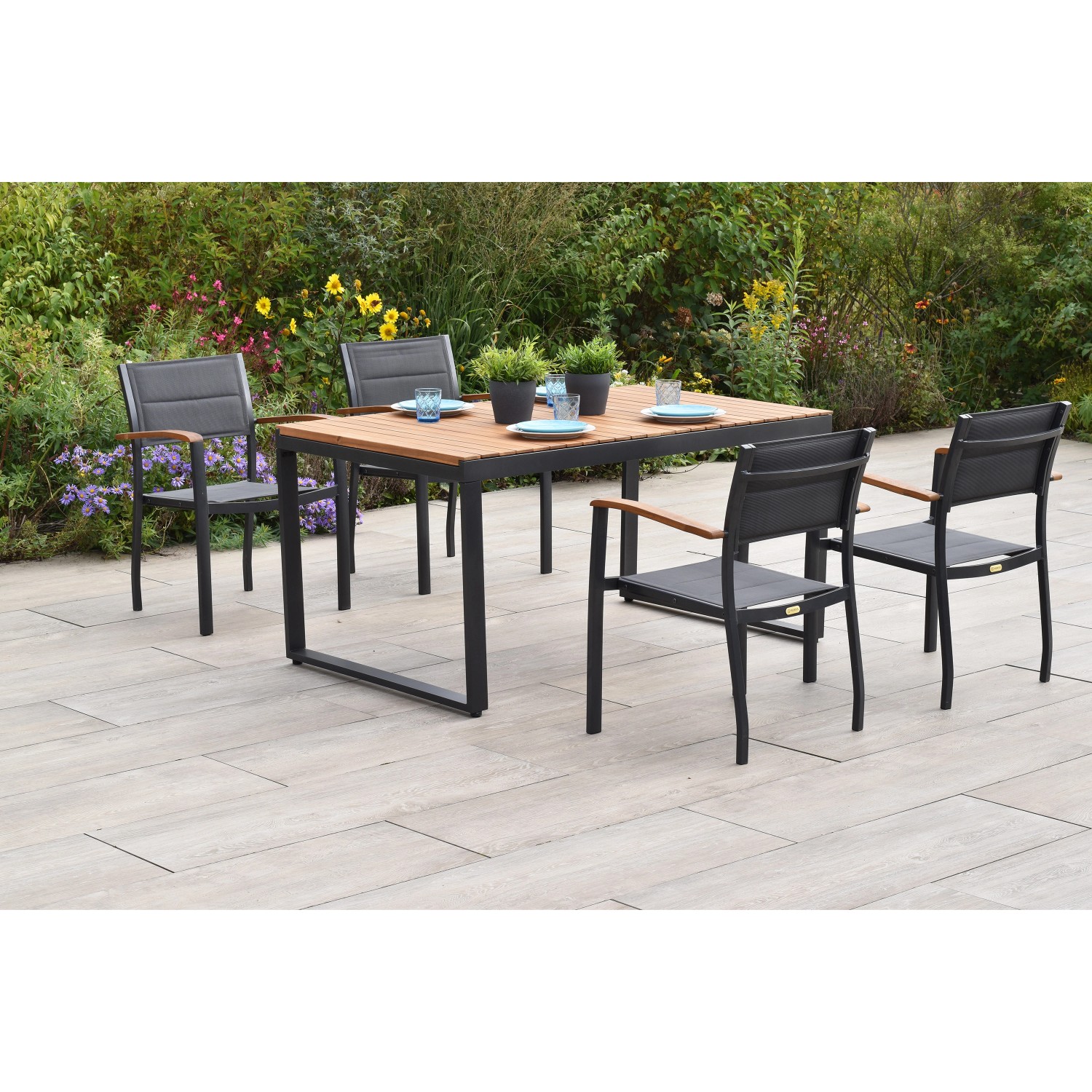 Merxx Paxos Set 5-tlg. 4 Stapelsessel Gartentisch Ausziehbar 150 (200) x 90 günstig online kaufen