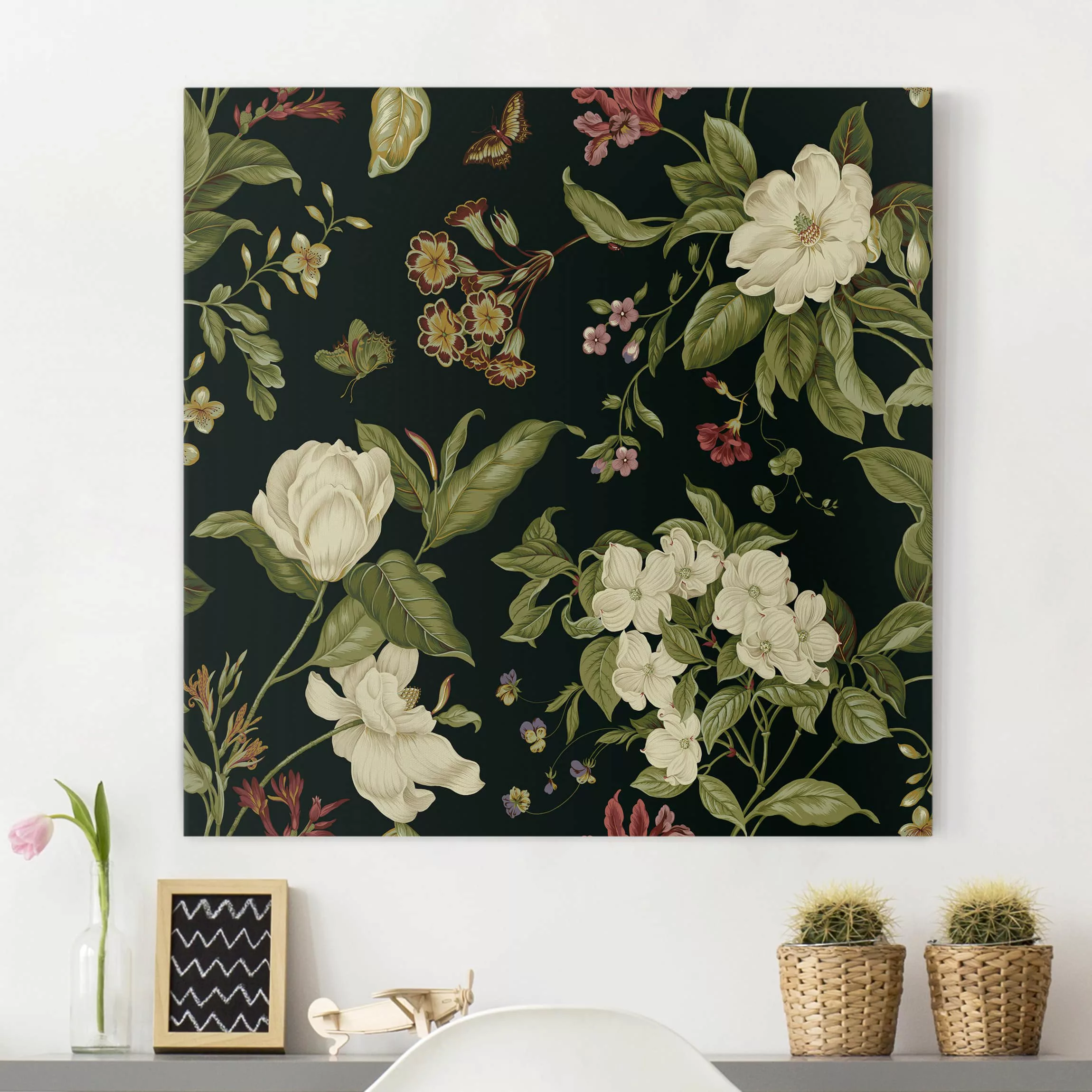 Leinwandbild Blumen - Quadrat Gartenblumen auf Schwarz I günstig online kaufen