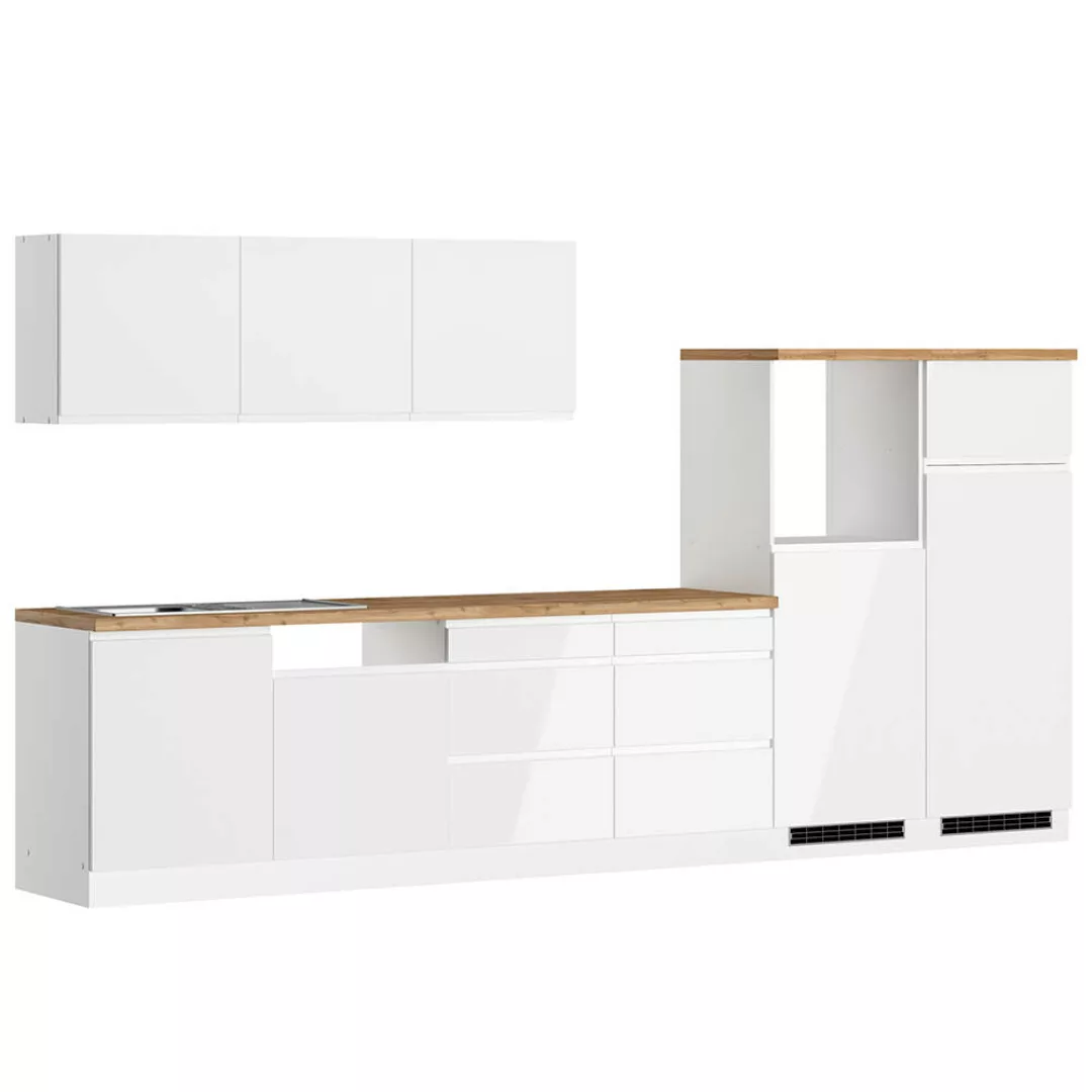 Küchenzeile 360 cm in Hochglanz weiß, Arbeitsplatte Eiche MARSEILLE-03 günstig online kaufen