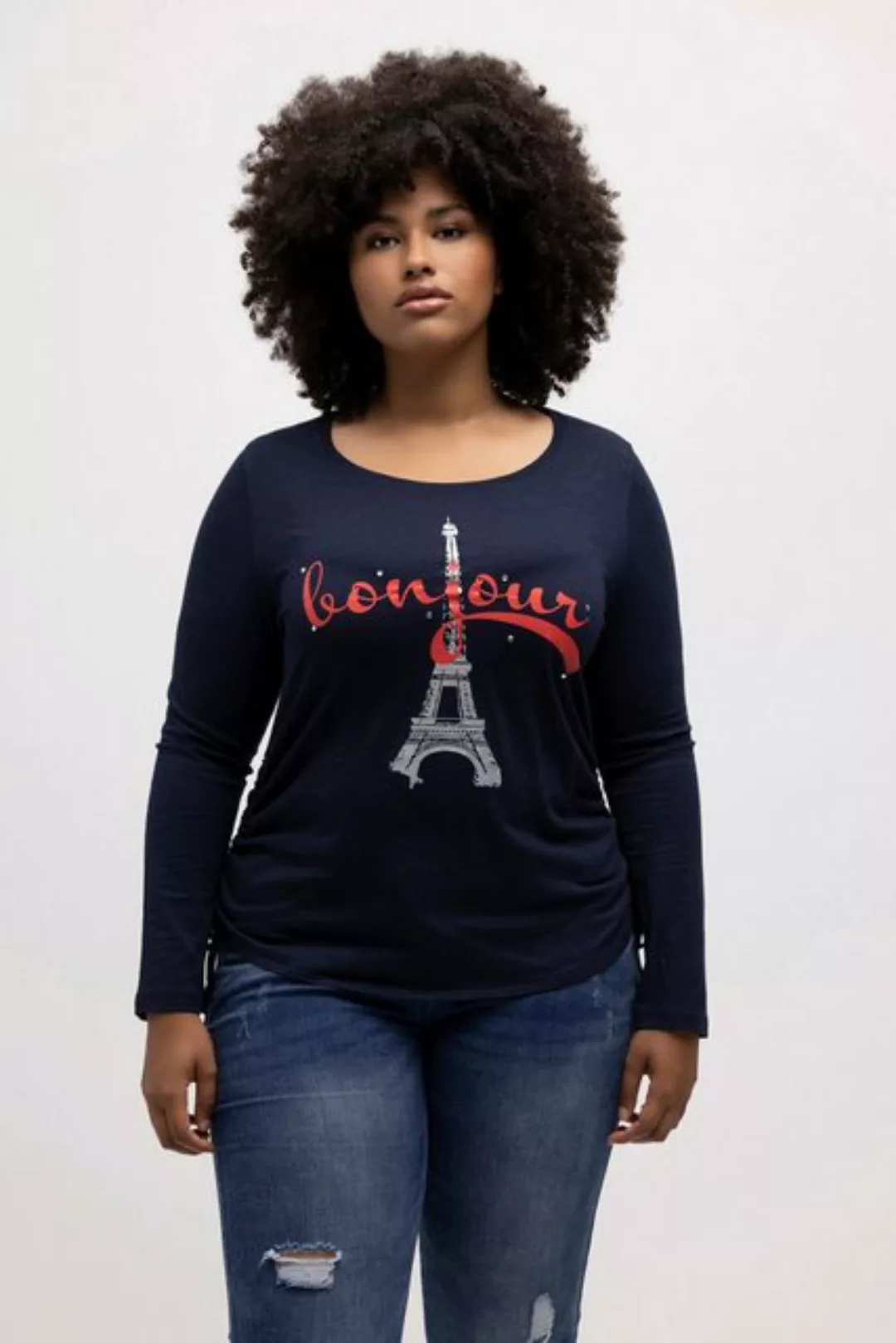 Ulla Popken Rundhalsshirt Shirt Eiffelturm Raffung Rundhals Langarm günstig online kaufen
