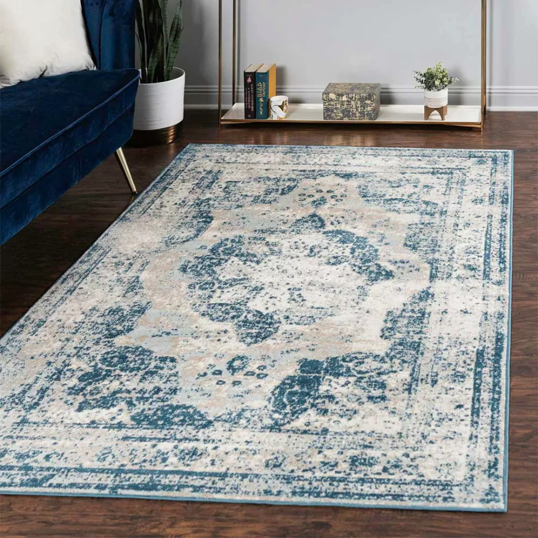 Vintage Teppich 150x245 cm in Hellblau Cremefarben günstig online kaufen