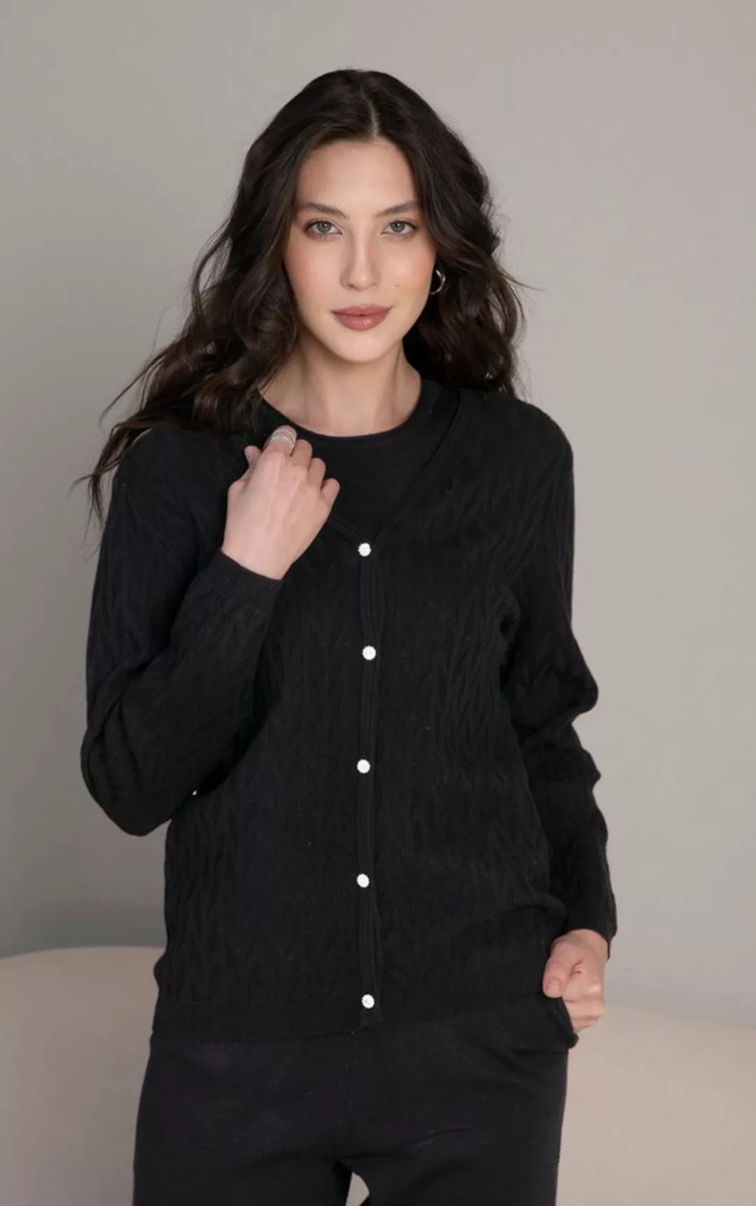 Passioni Strickjacke Twinset in Schwarz mit Zopfmuster günstig online kaufen