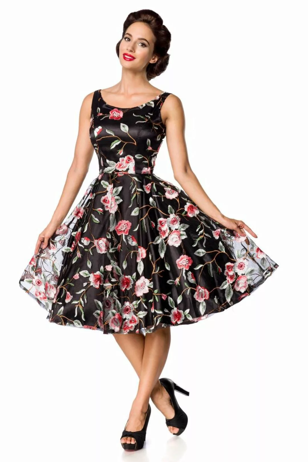 Premium Retro Blumenkleid Schwarz-Rosa günstig online kaufen