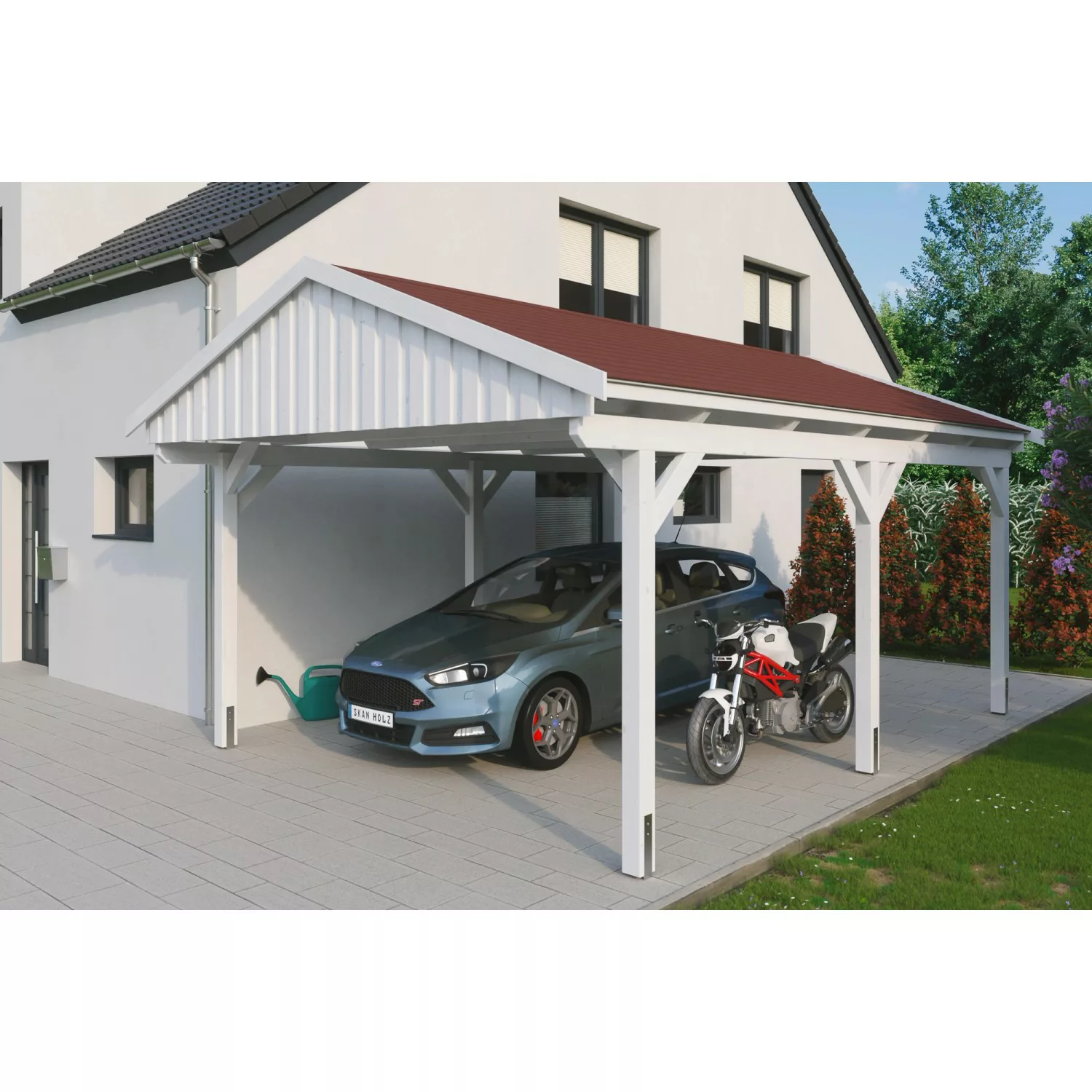 Skan Holz Carport Fichtelberg 423 cm x 566 cm Rote Schindeln Weiß günstig online kaufen