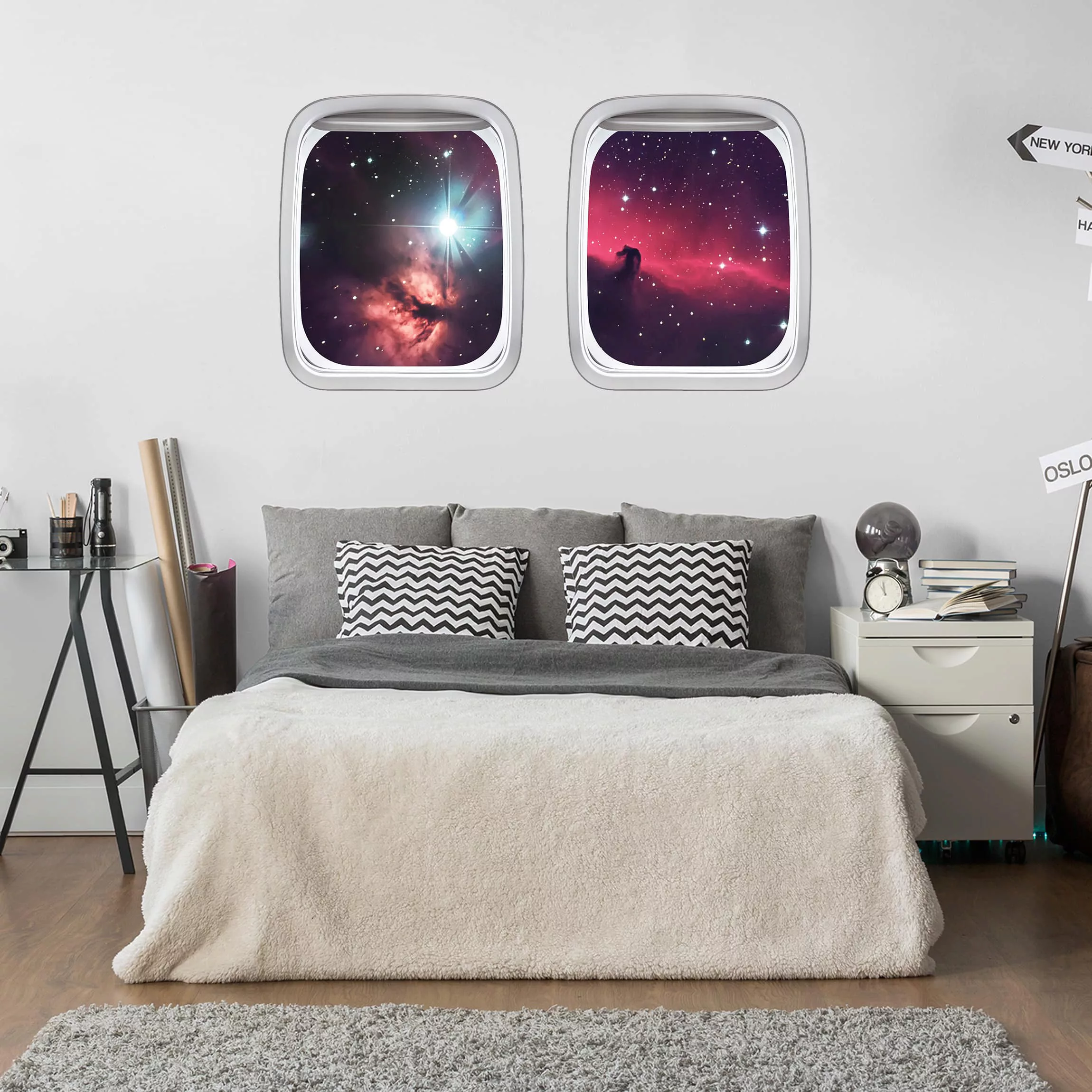 Wandtattoo Kinderzimmer Doppelfenster Flugzeug Pferd im Weltraum günstig online kaufen