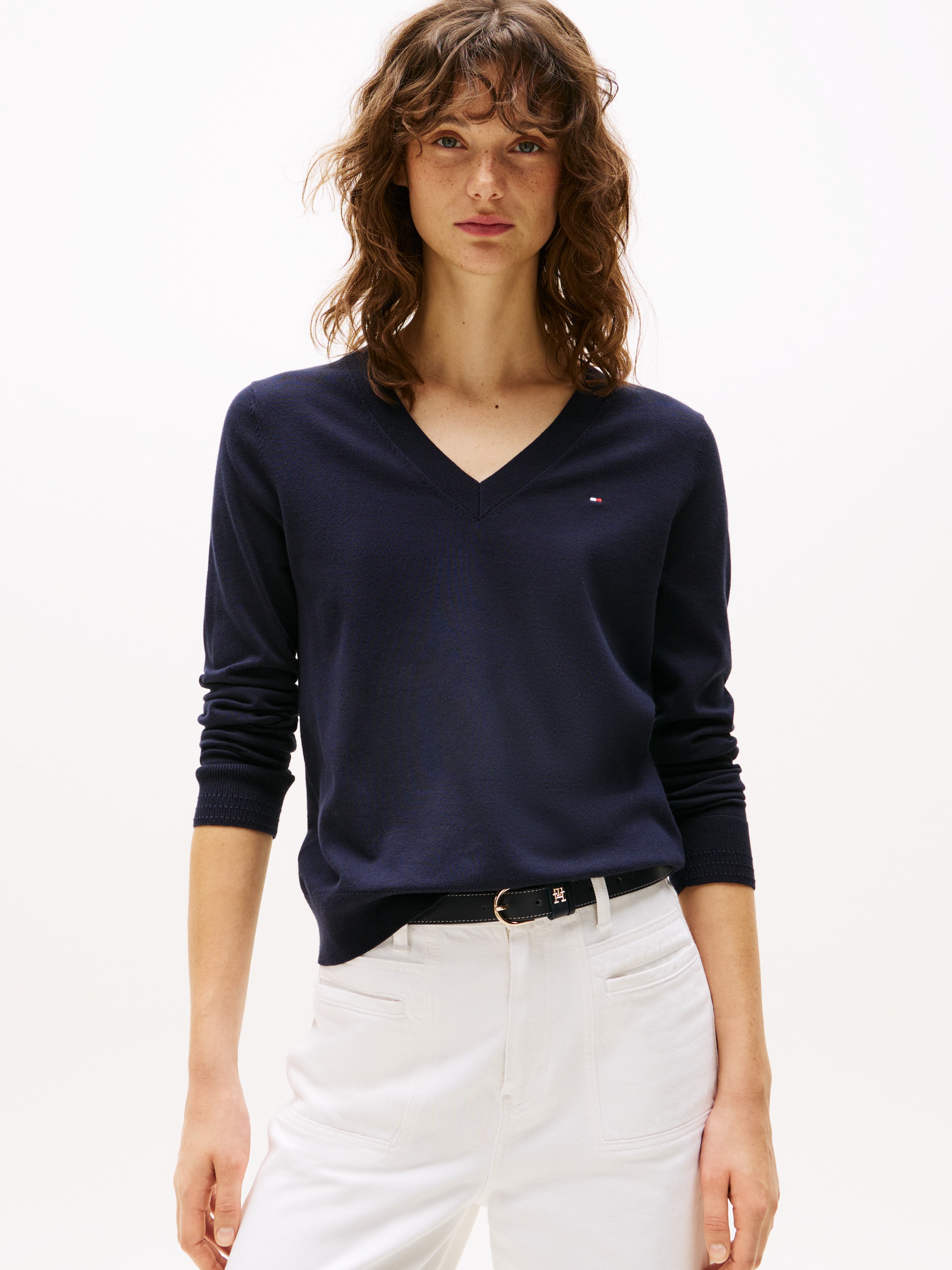 Tommy Hilfiger V-Ausschnitt-Pullover "CO JERSEY STITCH V-NK SWEATER", Kontr günstig online kaufen