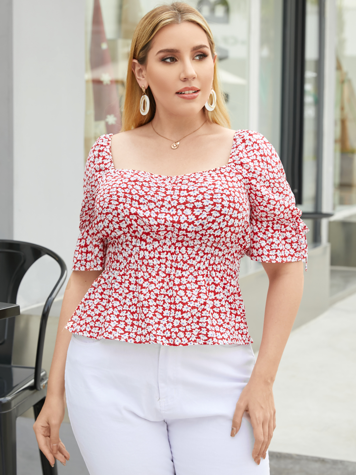 YOINS Plus Größe Square Neck Calico rückenfreies Design Bluse mit halben Är günstig online kaufen