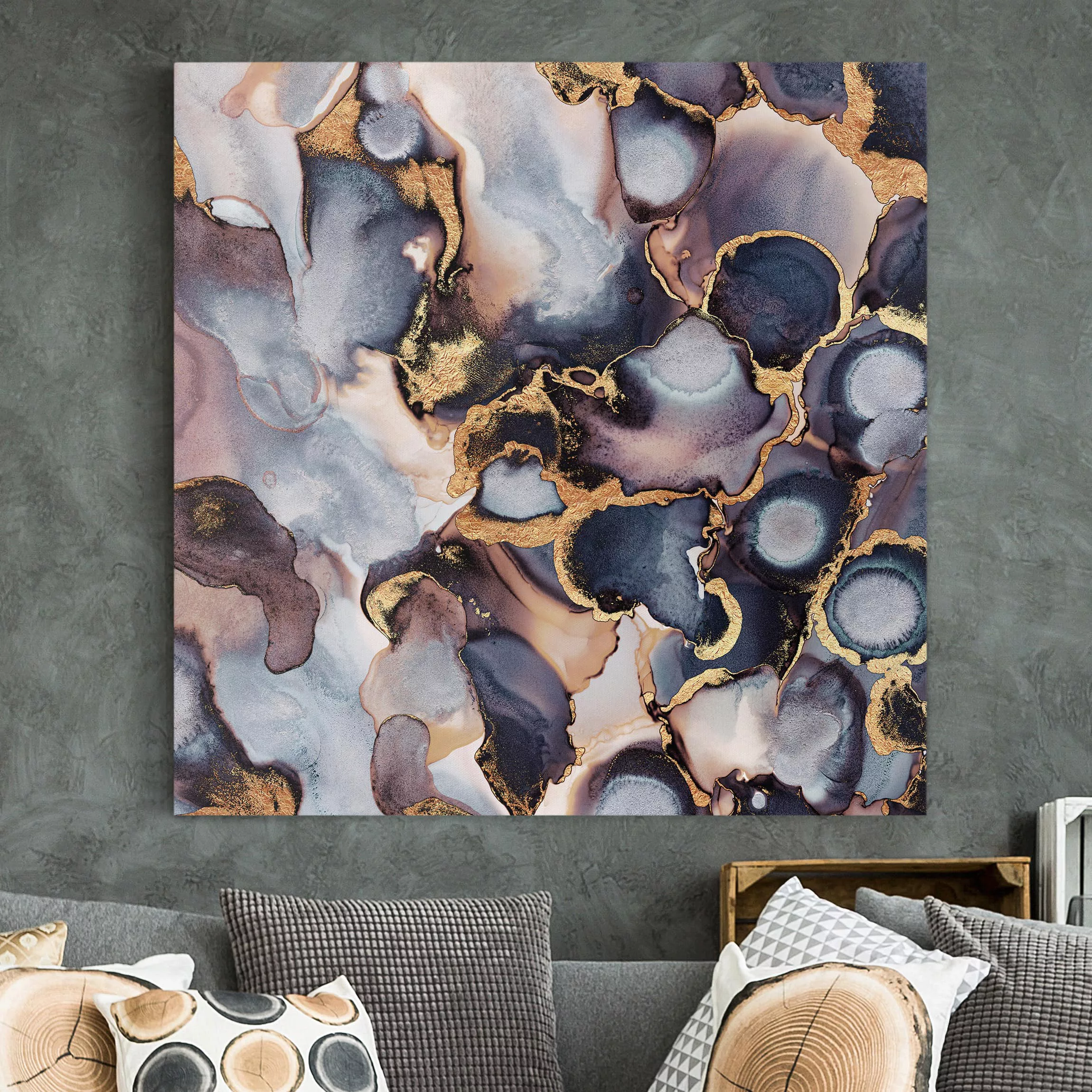 Leinwandbild Abstrakt - Quadrat Marmor Aquarell mit Gold günstig online kaufen