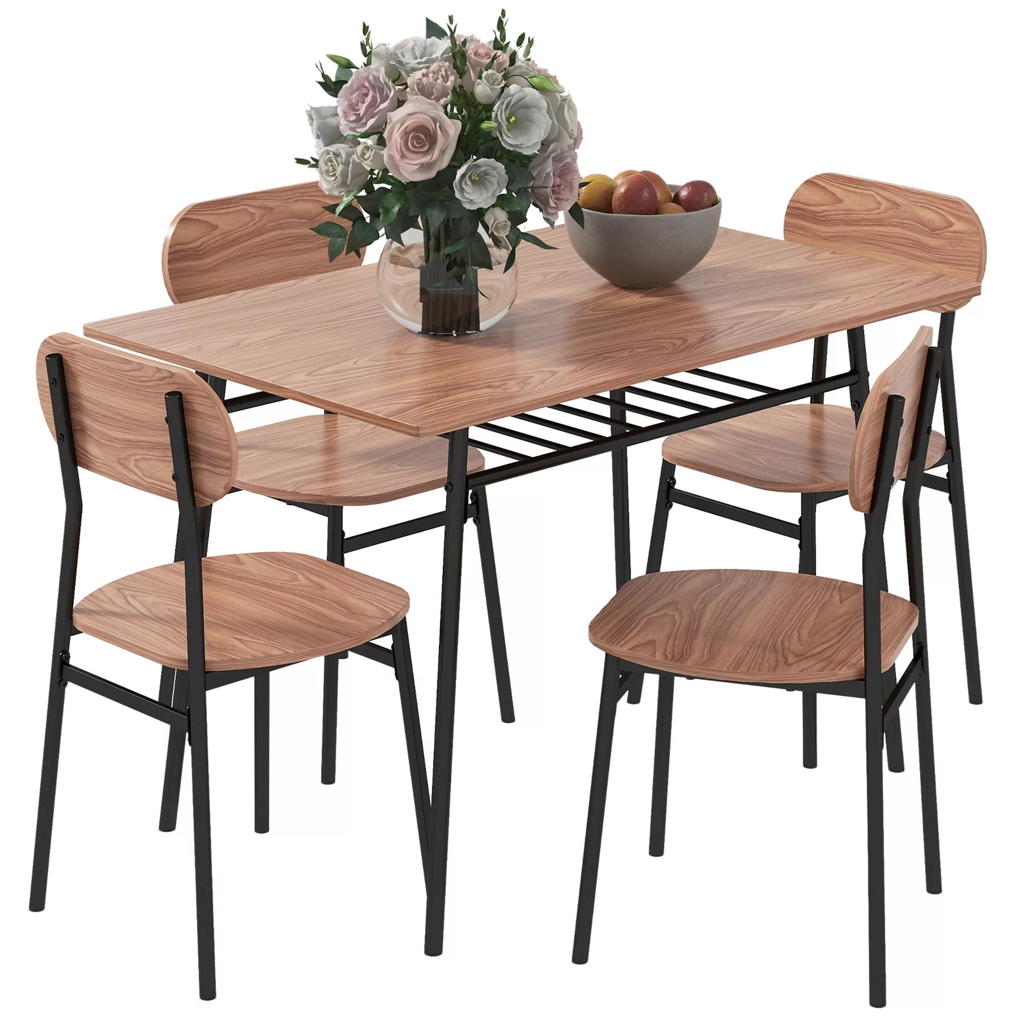 Set mit Esstisch und 4 Stühlen, Küchentisch mit Ablage, Teak, Stahl, Esszim günstig online kaufen