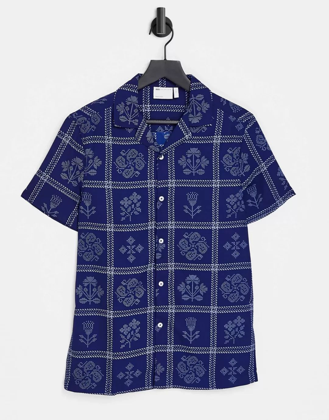ASOS DESIGN – Hemd in regulärer Passform in Marineblau mit Gobelin-Muster günstig online kaufen
