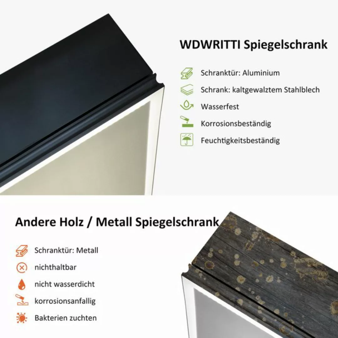 WDWRITTI Spiegelschrank LED Schwarz Alu-Schranktür Badezimmerspiegelschrank günstig online kaufen