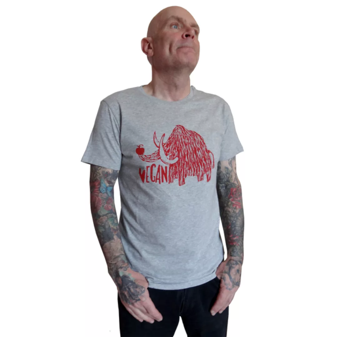 Vegan Mammut. Männer T-shirt, Faire Biobaumwolle, Grau. Handsiebdruck günstig online kaufen