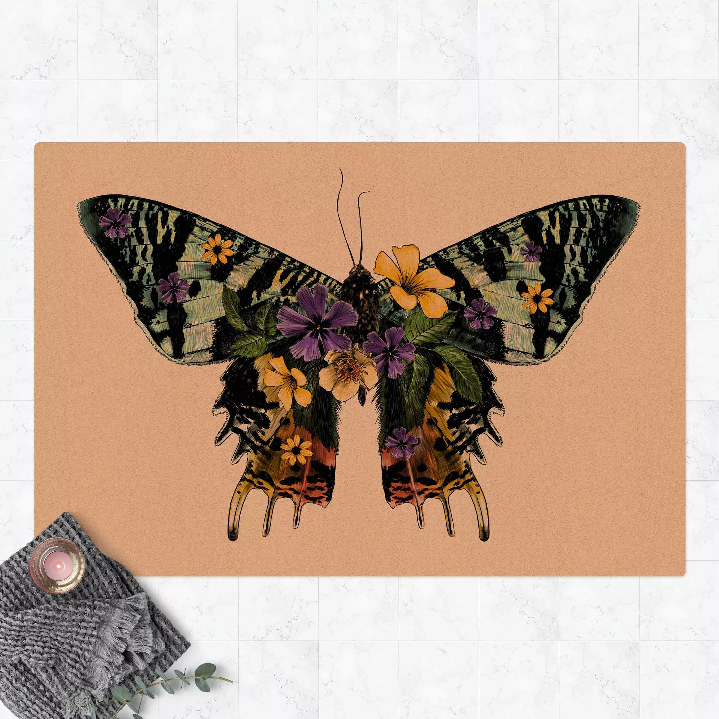 Kork-Teppich Illustration floraler Madagaskar Schmetterling günstig online kaufen