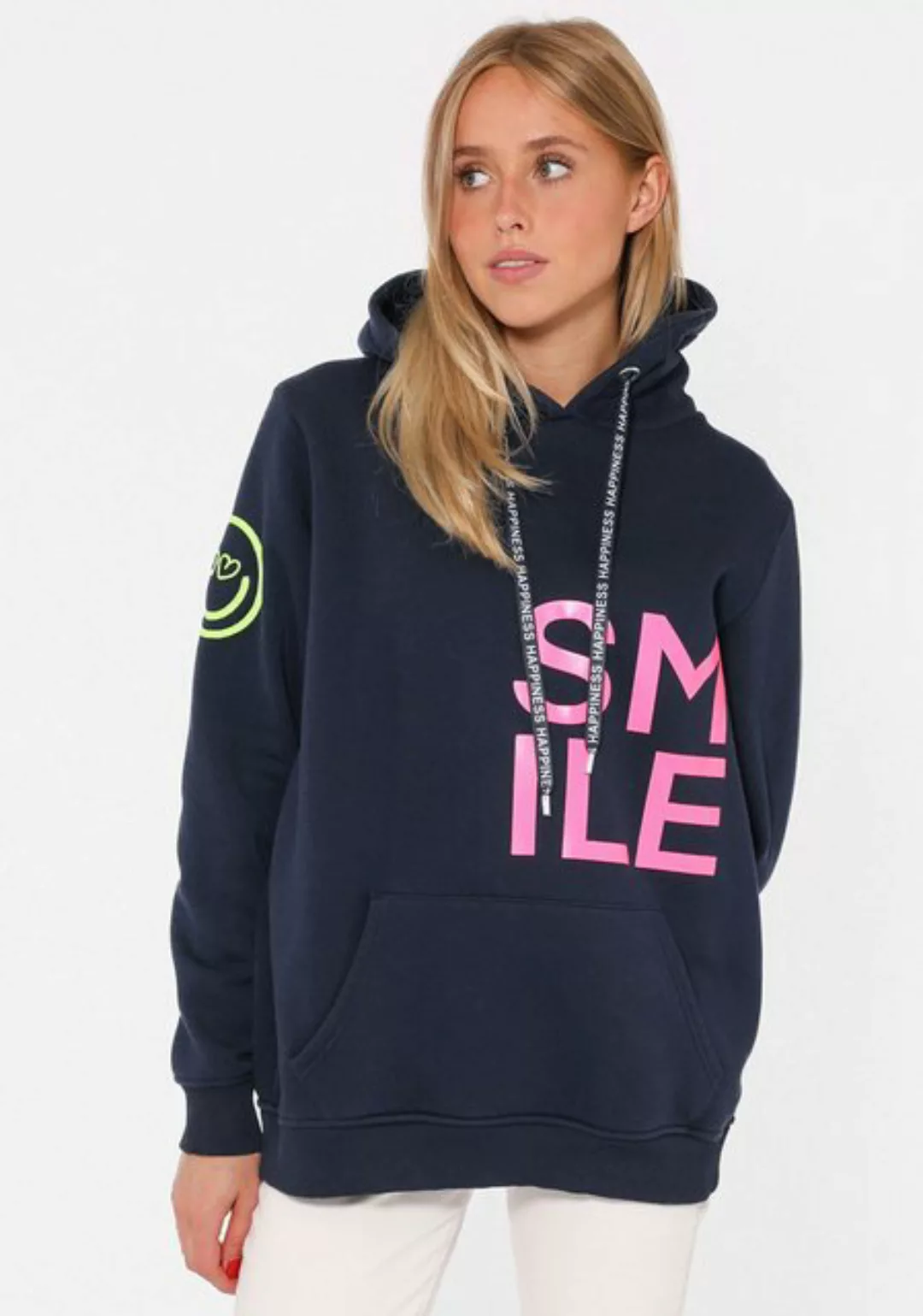 Zwillingsherz Hoodie, mit "Smile"-Aufdruck in Neonfarben und gesticktem Smi günstig online kaufen