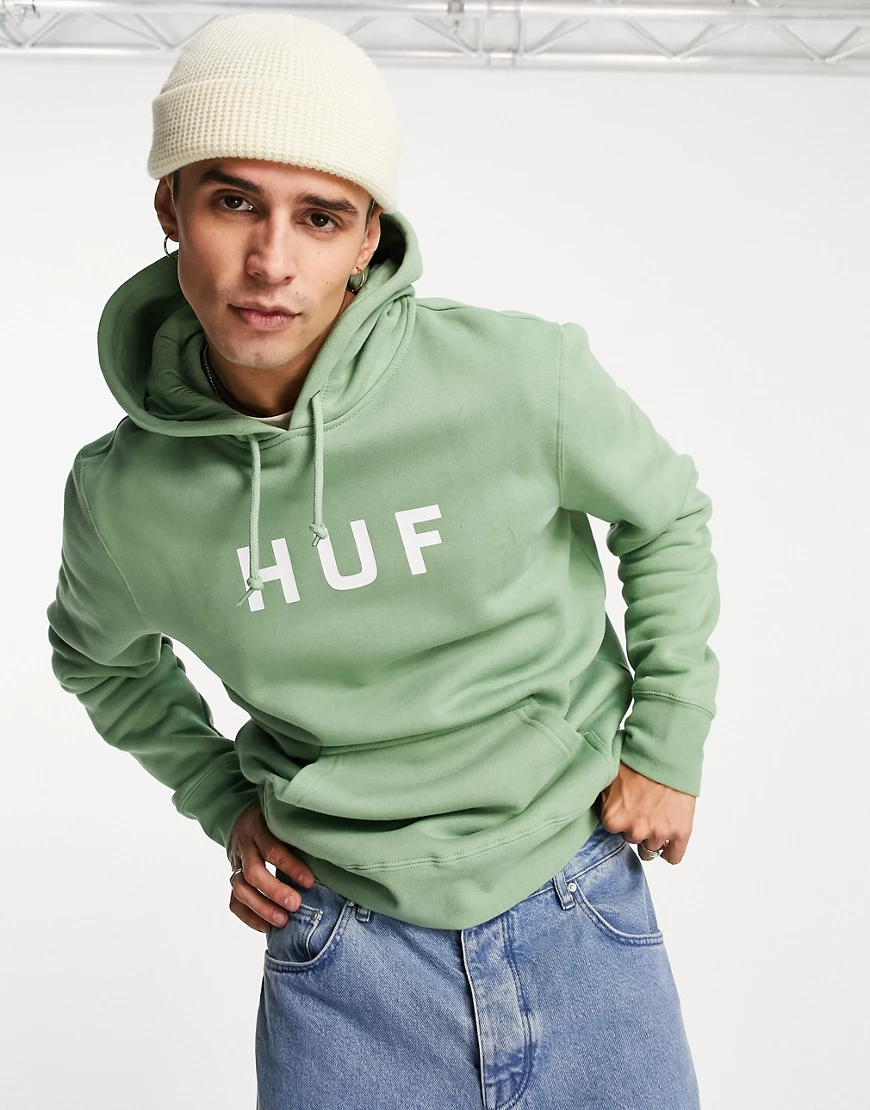 HUF – Essentials OG – Kapuzenpullover in Basilikumgrün mit Logo günstig online kaufen