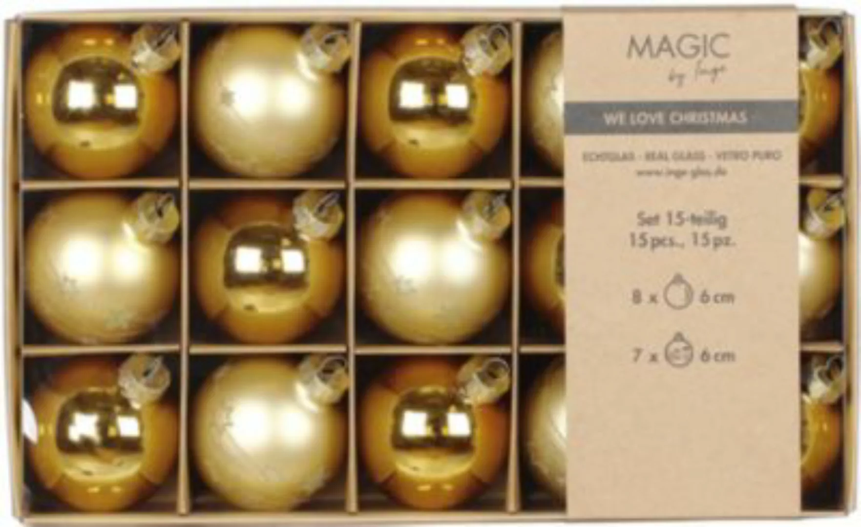 Magic 15-tlg. Set Glas-Weihnachtskugeln, Ø6cm, gold verziert günstig online kaufen