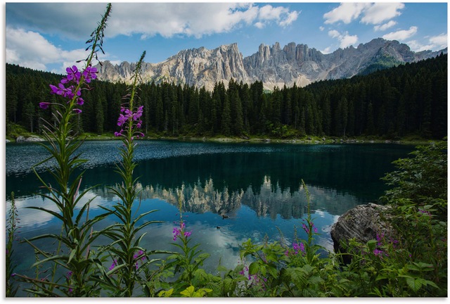 Artland Alu-Dibond-Druck "Berge Latemar spiegeln sich im Karersee", Seebild günstig online kaufen