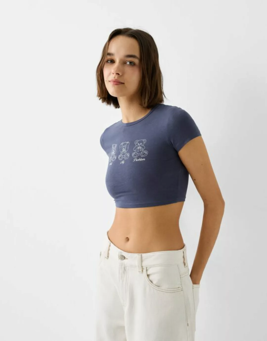 Bershka T-Shirt Mit Print Damen L Ausgewaschenes Blau günstig online kaufen