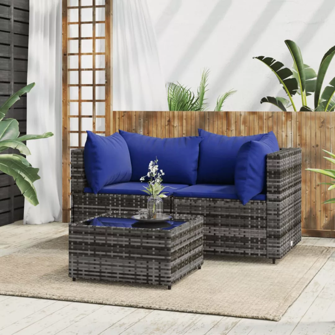 Vidaxl 3-tlg. Garten-lounge-set Mit Kissen Grau Poly Rattan günstig online kaufen