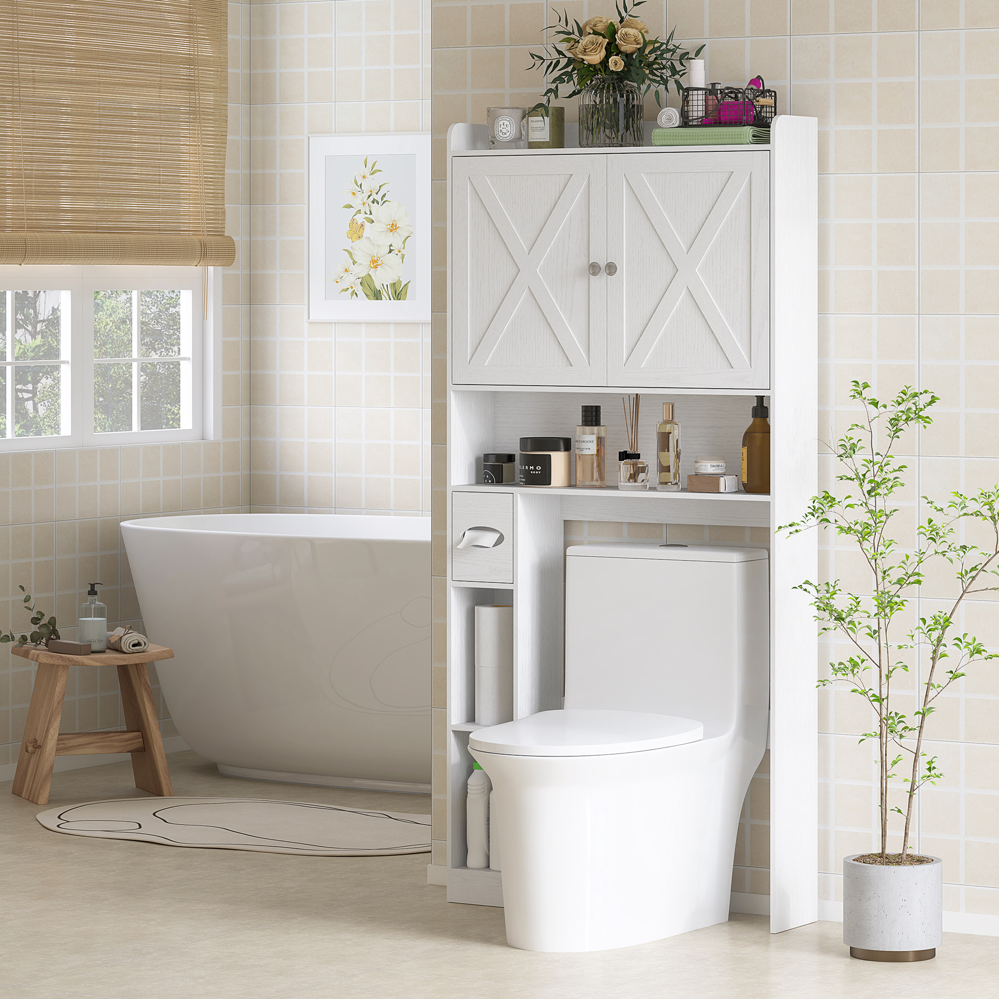 HOMCOM Toilettenaufsatzmöbel über Toilette Schrank mit X-förmigen Scheunent günstig online kaufen