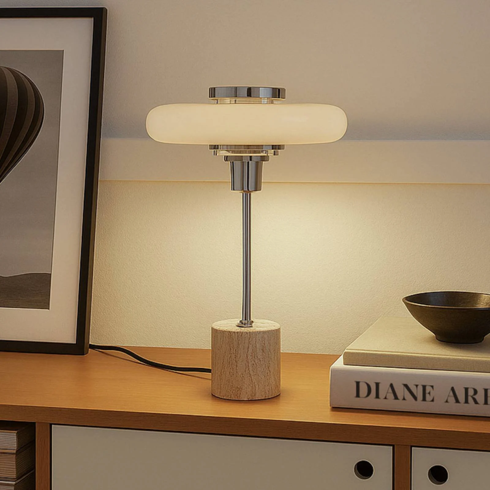 Lindby Tischleuchte Branford, Retro, beige, Metall/Travertin günstig online kaufen