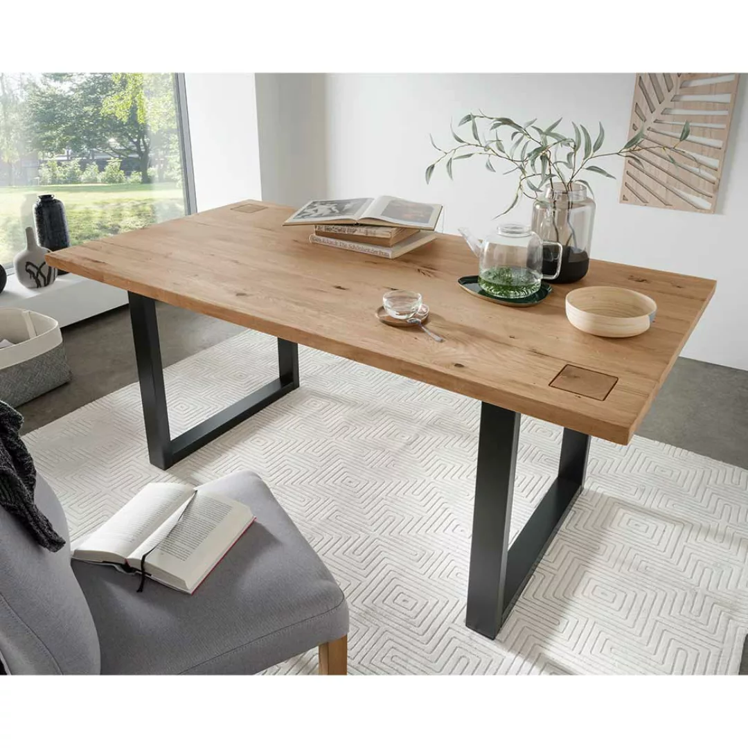 Esszimmer Tisch aus Wildeiche Massivholz Bügelgestell in Schwarz günstig online kaufen