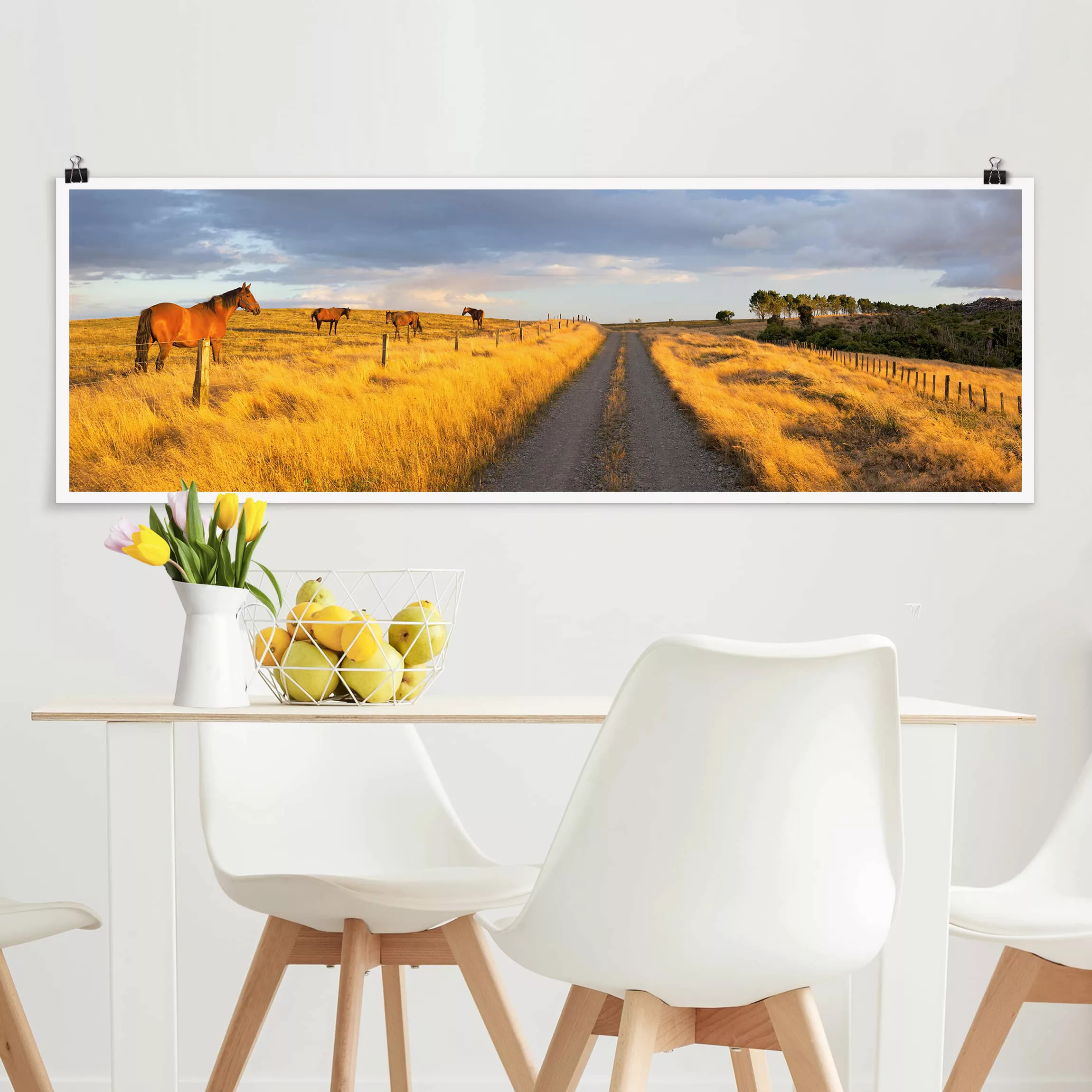 Panorama Poster Natur & Landschaft Feldstraße und Pferde bei Abendsonne günstig online kaufen