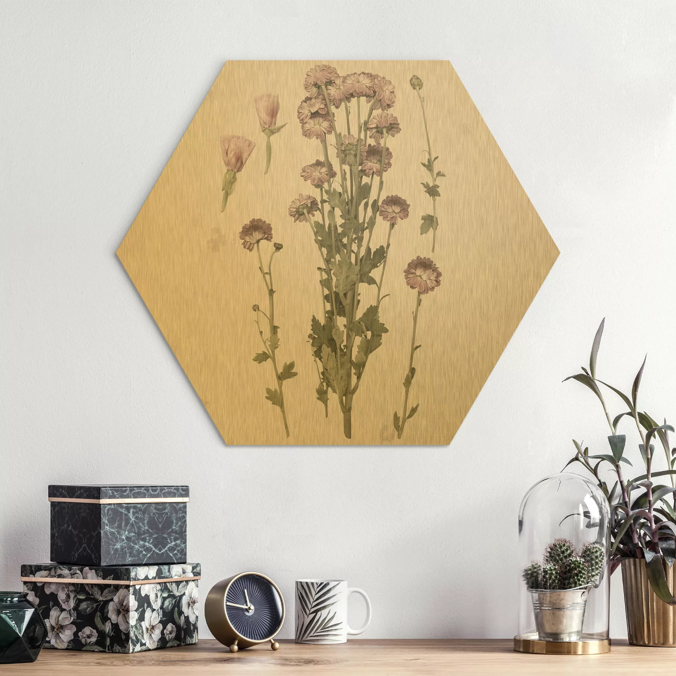 Hexagon-Alu-Dibond Bild Blumen Herbarium in rosa I günstig online kaufen