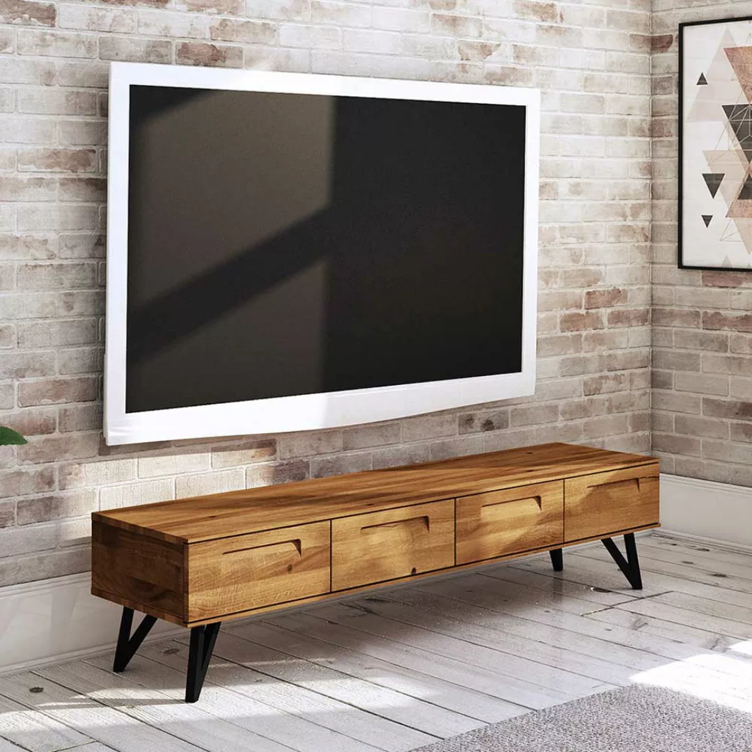 TV Lowboard aus Wildeiche Massivholz und Stahl vier Schubladen günstig online kaufen