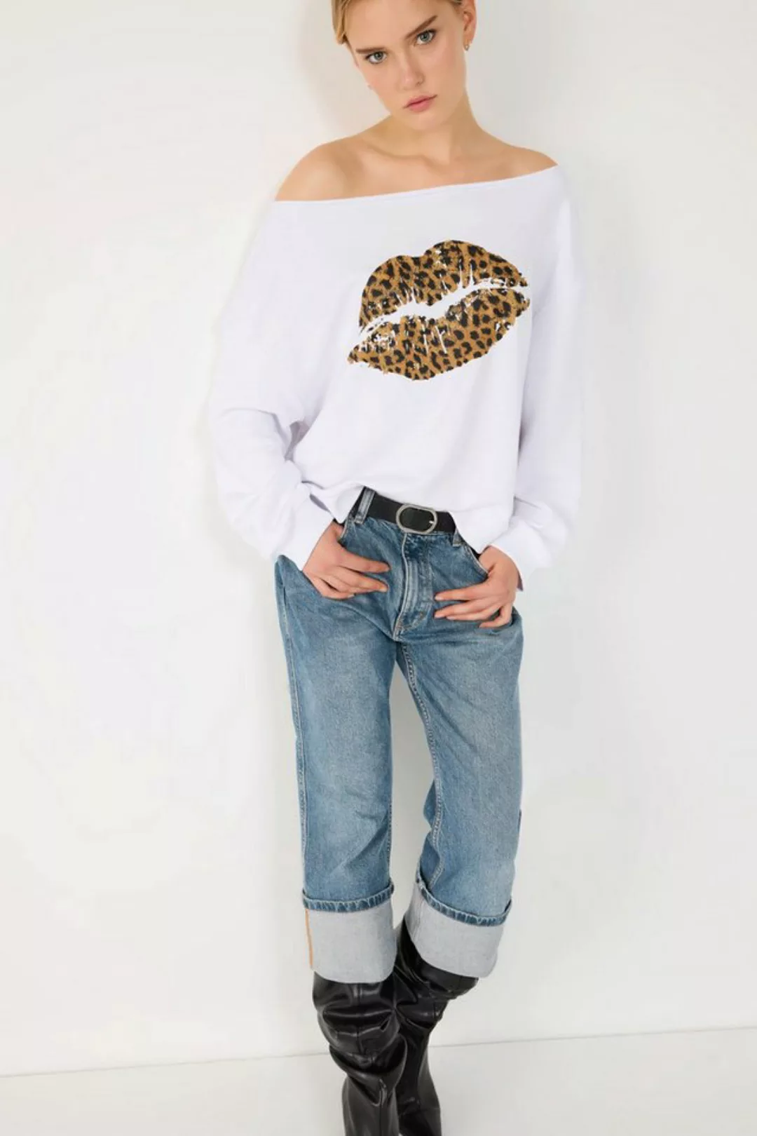 No Matter What Sweatshirt Leopardenmuster Lippenabdruck Sweatshirt günstig online kaufen