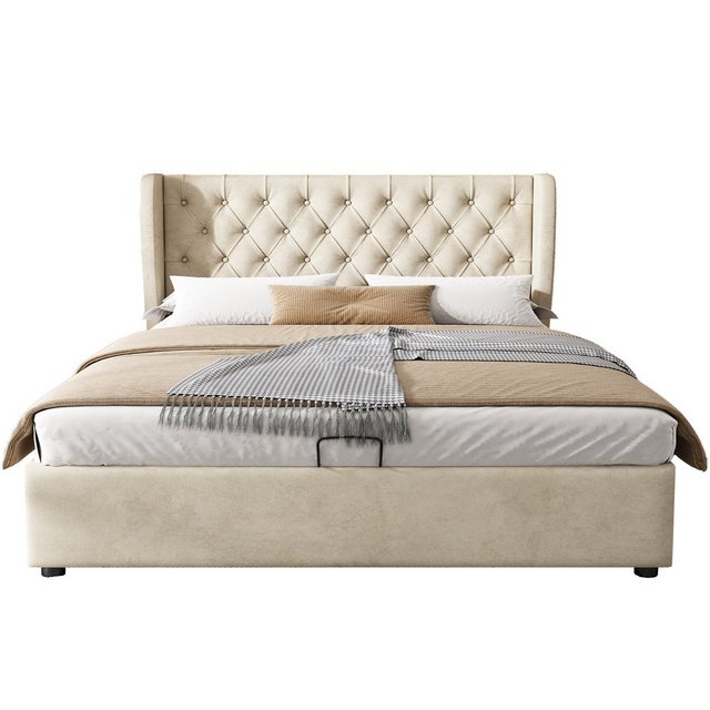 OKWISH Polsterbett Doppelbett Stauraumbett (Beige), Kiefernholz Flanell 140 günstig online kaufen