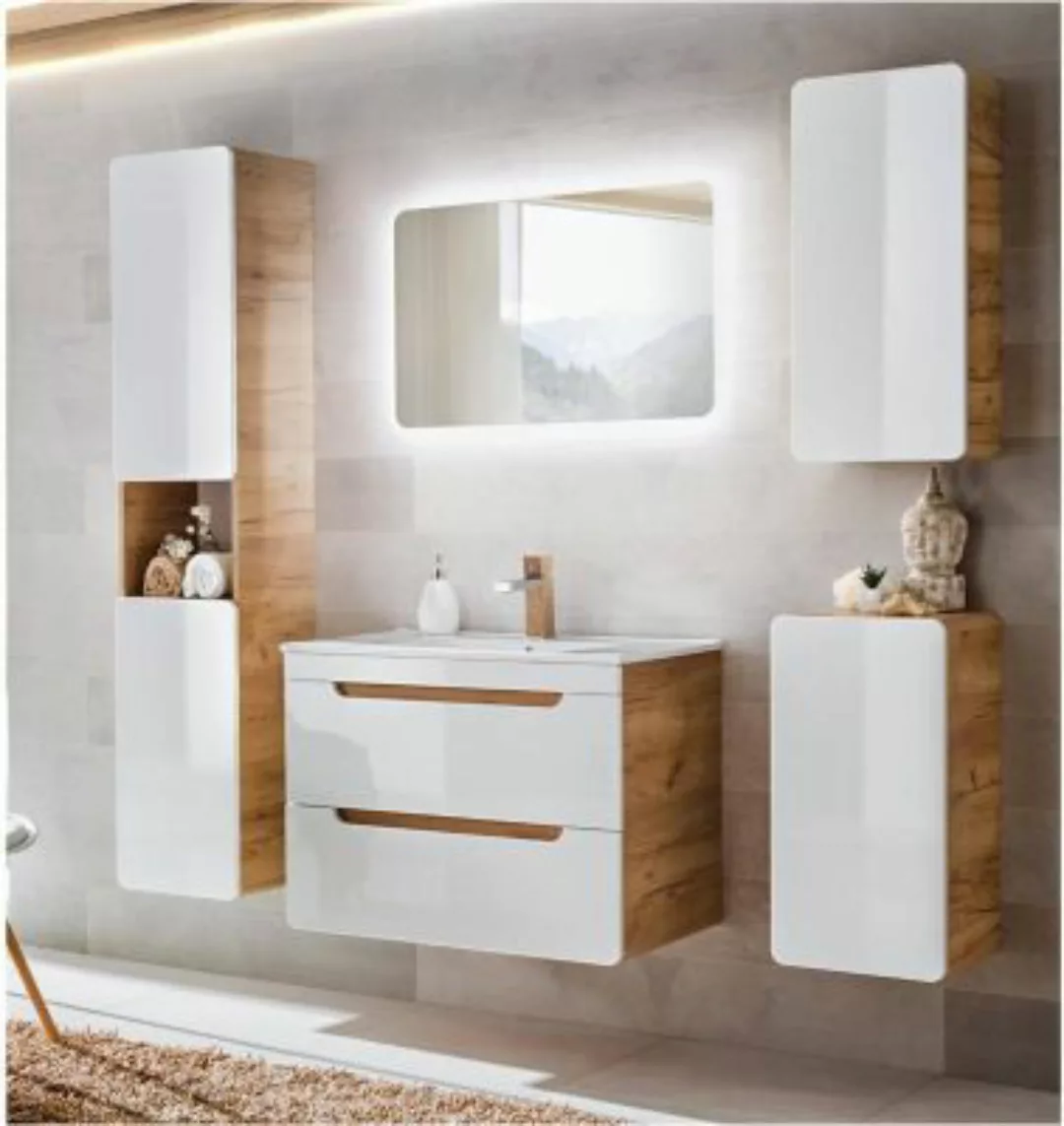 Lomadox Badezimmer Möbel Set 5-teilig Hochglanz weiß  inkl. 80 cm Keramikwa günstig online kaufen