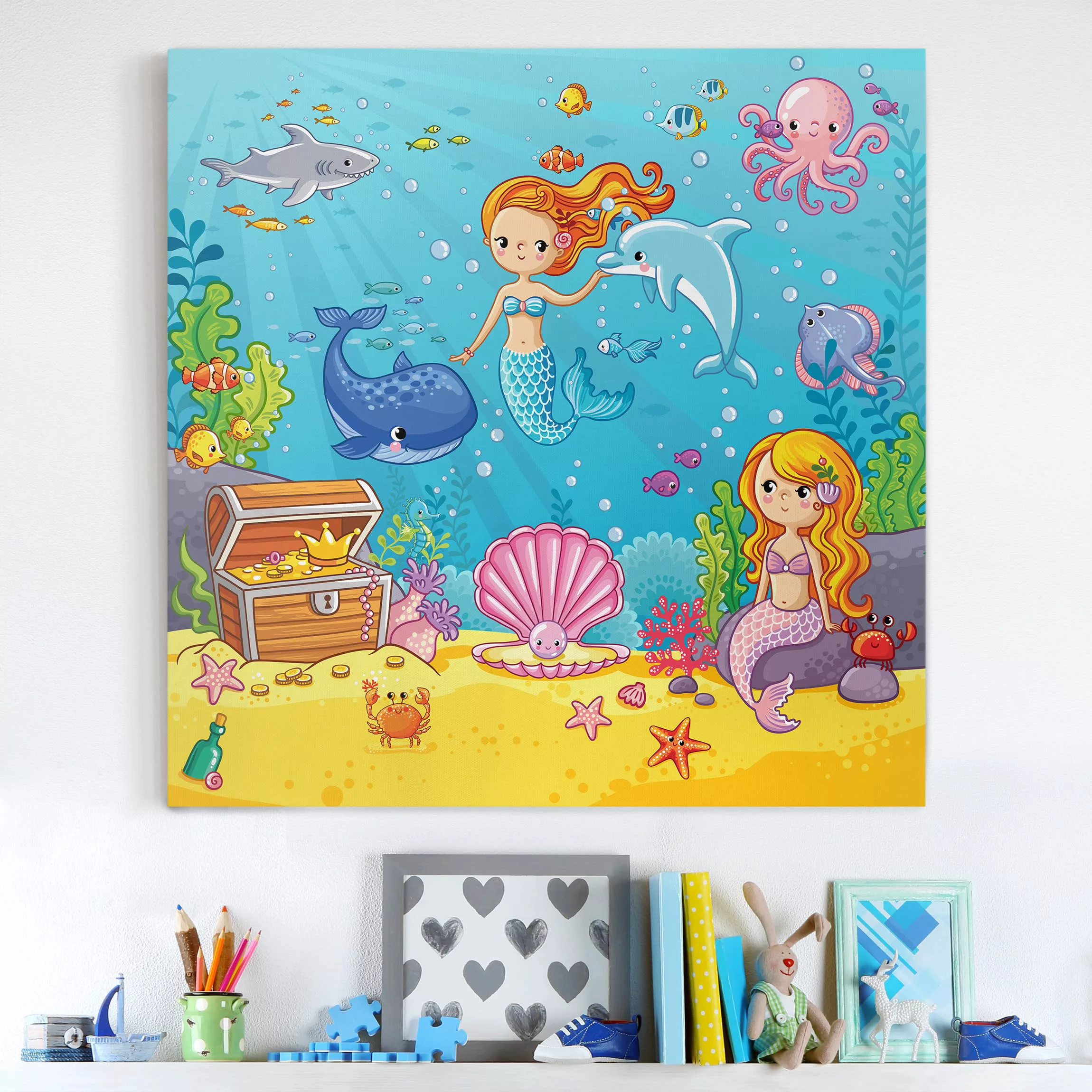 Leinwandbild Kinderzimmer - Quadrat Meerjungfrau - Unterwasserwelt günstig online kaufen