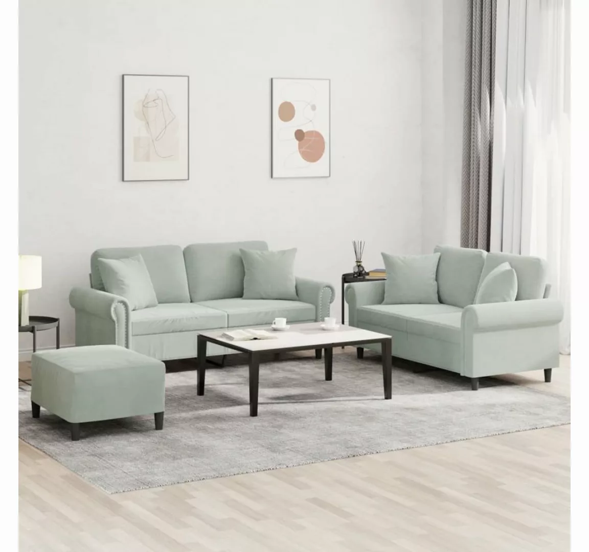 vidaXL Sofa Sofagarnitur Set mit Kissen Samt, 3-tlg., Hellgrau günstig online kaufen