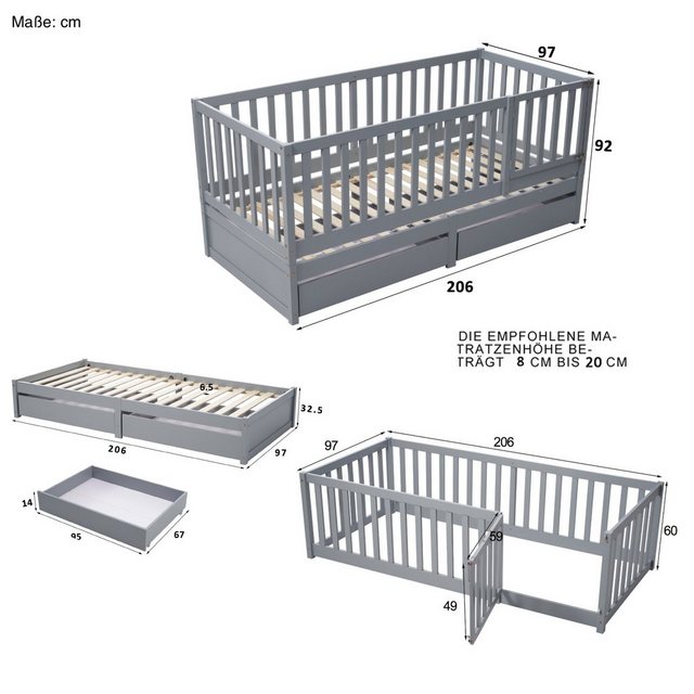 SOFTWEARY Kinderbett mit Lattenrost und 2 Schubladen (90x200 cm), umbaufähi günstig online kaufen
