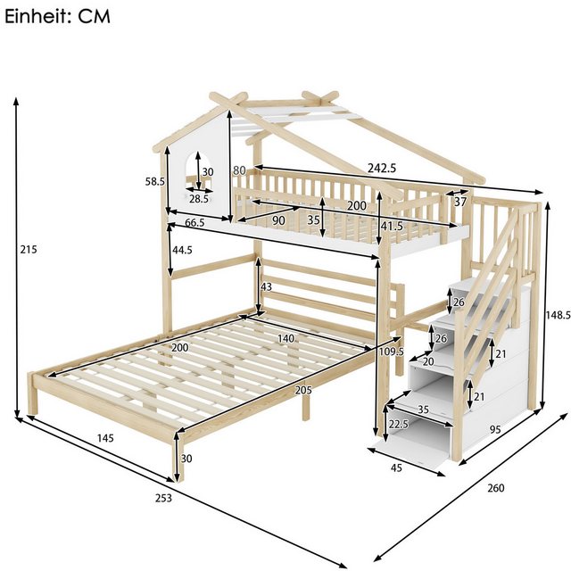 Flieks Etagenbett, Hochbett Kinderbett Hausbett mit Stauraumtreppe 90x200cm günstig online kaufen