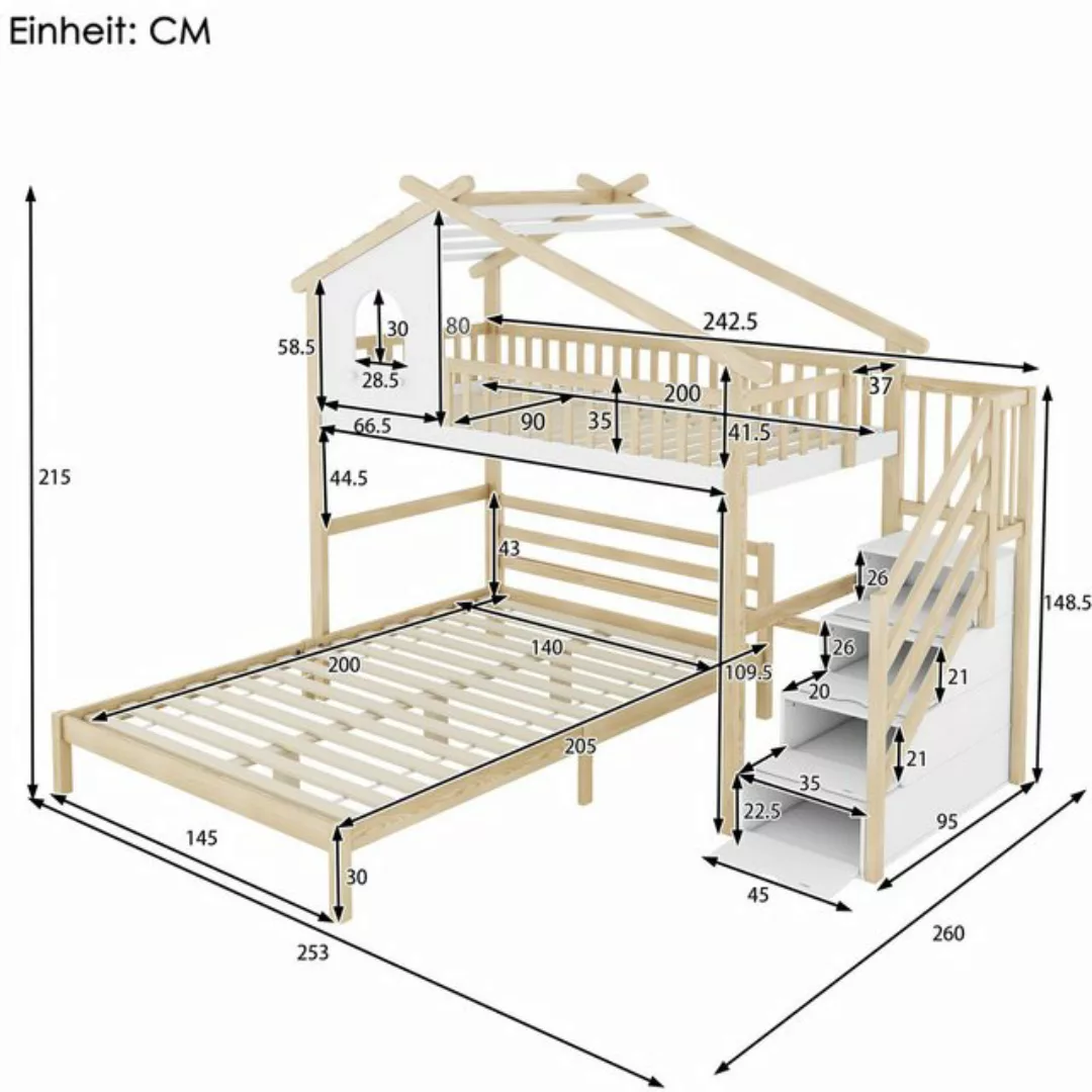 Flieks Etagenbett, Hochbett Kinderbett Hausbett mit Stauraumtreppe 90x200cm günstig online kaufen