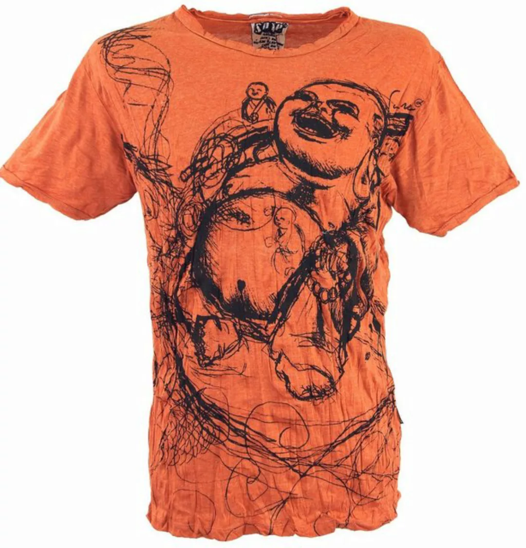 Guru-Shop T-Shirt Sure Herren T-Shirt Happy Buddha - rostorange Goa Style, günstig online kaufen
