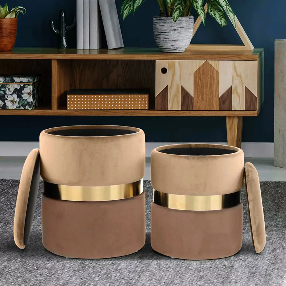 Samt Hocker Set in Hellbraun und Goldfarben Stauraum (zweiteilig) günstig online kaufen