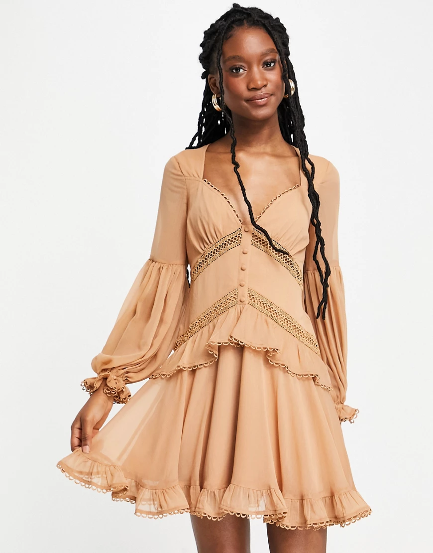 ASOS DESIGN – Minikleid mit Spitzeneinsatz und Knopfdetails in Stein-Braun günstig online kaufen