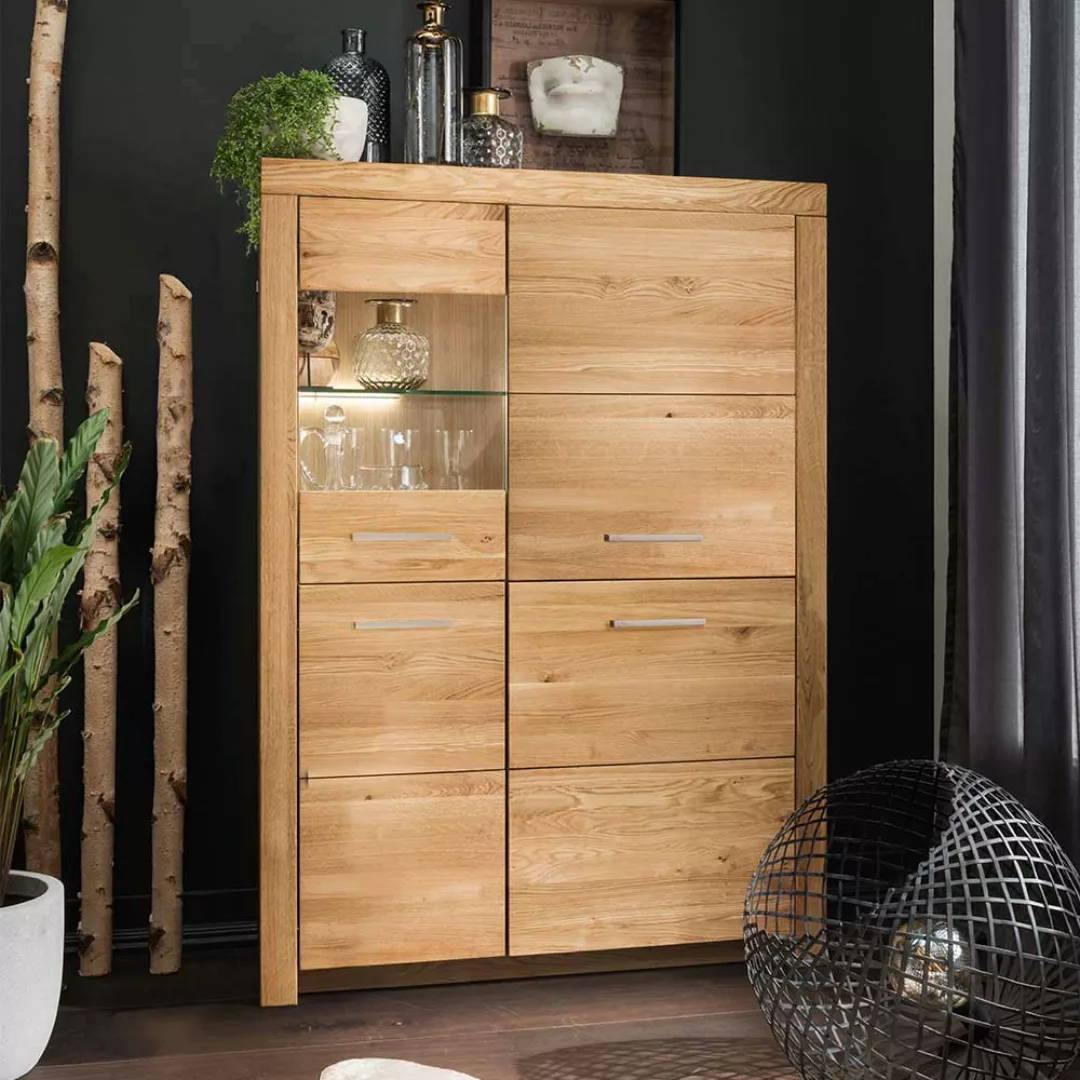 Highboard Vitrine aus Wildeiche Massivholz Glastür links günstig online kaufen