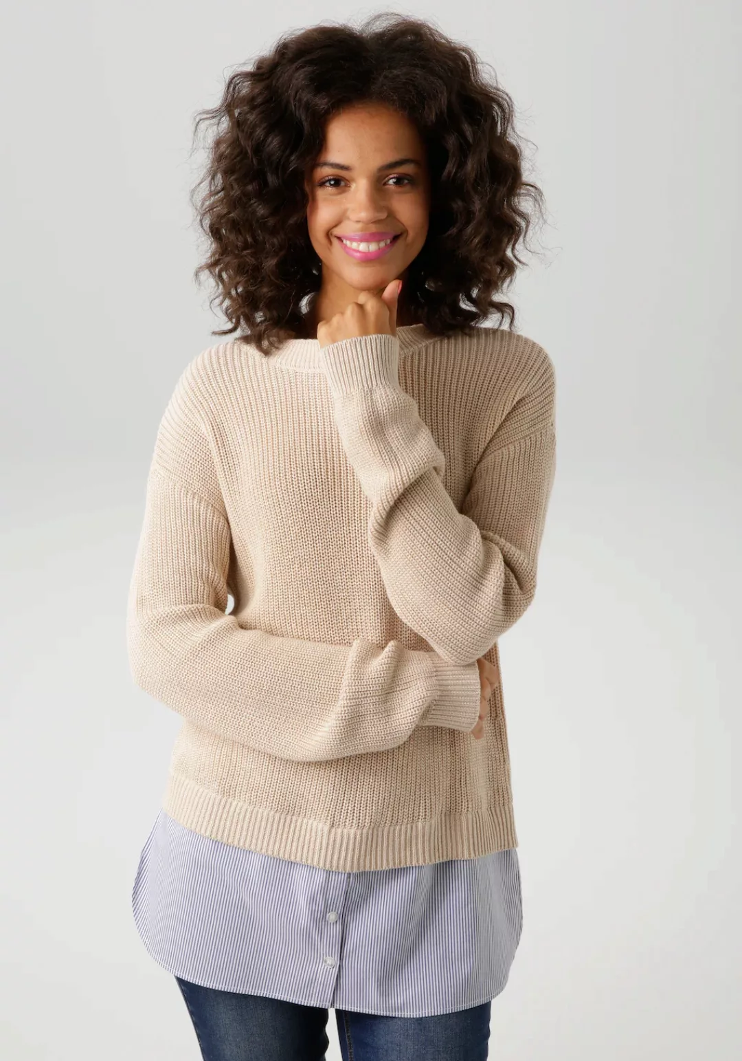 Aniston CASUAL Strickpullover, mit gestreiftem Bluseneinsatz am Saum - NEUE günstig online kaufen